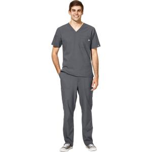 WonderWink W123 Men’s V-Neck Top & Flat Front Cargo Pocket Pant Scrub Set + Badge Reel(Pewter)