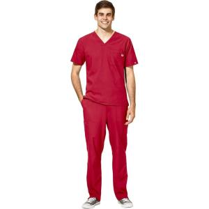 WonderWink W123 Men’s V-Neck Top & Flat Front Cargo Pocket Pant Scrub Set + Badge Reel(Red)