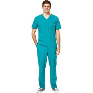 WonderWink W123 Men’s V-Neck Top & Flat Front Cargo Pocket Pant Scrub Set + Badge Reel(Teal Blue)