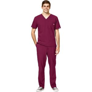 WonderWink W123 Men’s V-Neck Top & Flat Front Cargo Pocket Pant Scrub Set + Badge Reel(Wine)