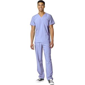 WonderWink W123 Unisex 4-Pocket Utility Top & Unisex Multi-cargo pant Scrub Set + Badge Reel(Ceil Blue)