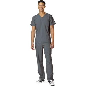 WonderWink W123 Unisex 4-Pocket Utility Top & Unisex Multi-cargo pant Scrub Set + Badge Reel(Pewter)