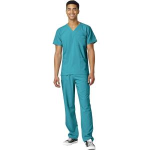 WonderWink W123 Unisex 4-Pocket Utility Top & Unisex Multi-cargo pant Scrub Set + Badge Reel(Teal)