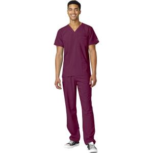 WonderWink W123 Unisex 4-Pocket Utility Top & Unisex Multi-cargo pant Scrub Set + Badge Reel(Wine)