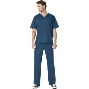 WonderWork Men’s V-neck Multi-Pocket Top & Men’s Cargo Pant Scrub Set + Badge Reel(Caribbean Blue)