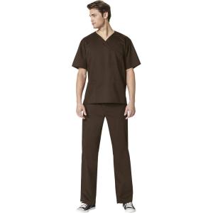 WonderWork Men’s V-neck Multi-Pocket Top & Men’s Cargo Pant Scrub Set + Badge Reel(Chocolate)