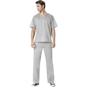 WonderWork Men’s V-neck Multi-Pocket Top & Men’s Cargo Pant Scrub Set + Badge Reel(Grey)