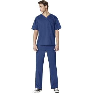 WonderWork Men’s V-neck Multi-Pocket Top & Men’s Cargo Pant Scrub Set + Badge Reel(Navy)