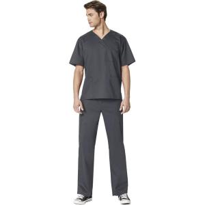 WonderWork Men’s V-neck Multi-Pocket Top & Men’s Cargo Pant Scrub Set + Badge Reel(Pewter)