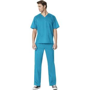 WonderWork Men’s V-neck Multi-Pocket Top & Men’s Cargo Pant Scrub Set + Badge Reel(Real Teal)