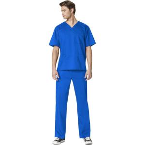 WonderWork Men’s V-neck Multi-Pocket Top & Men’s Cargo Pant Scrub Set + Badge Reel(Royal)