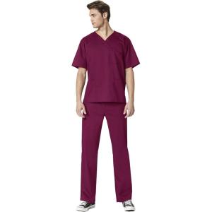 WonderWork Men’s V-neck Multi-Pocket Top & Men’s Cargo Pant Scrub Set + Badge Reel(Wine)