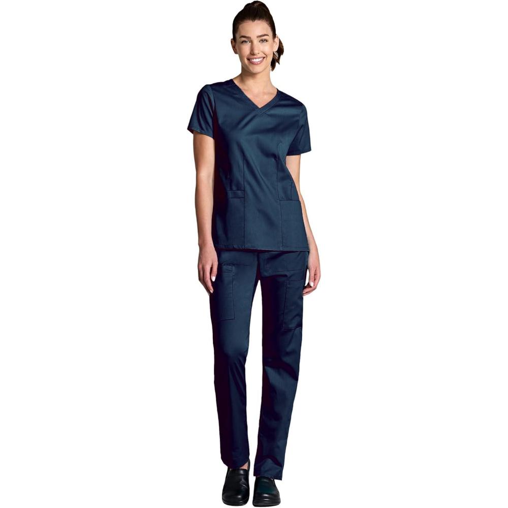 imageWonderWink WORK Womens Shaped VNeck Top amp Womens Convertible Slim Leg Cargo Pant Scrub Set Badge ReelNavy