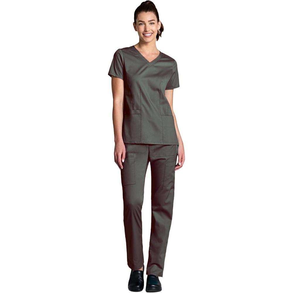 imageWonderWink WORK Womens Shaped VNeck Top amp Womens Convertible Slim Leg Cargo Pant Scrub Set Badge ReelPewter