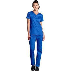 WonderWink WORK Women’s Shaped V-Neck Top & Women’s Convertible Slim Leg Cargo Pant Scrub Set + Badge Reel(Royal)