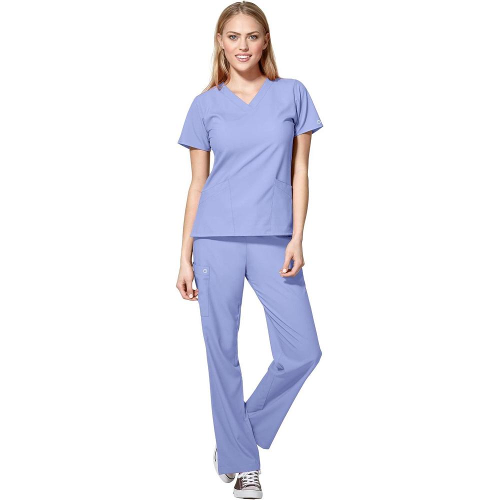 imageWonderWink W123 Womens Basic VNeck Top amp Drawstring Pant Scrub Set Badge ReelCeil Blue