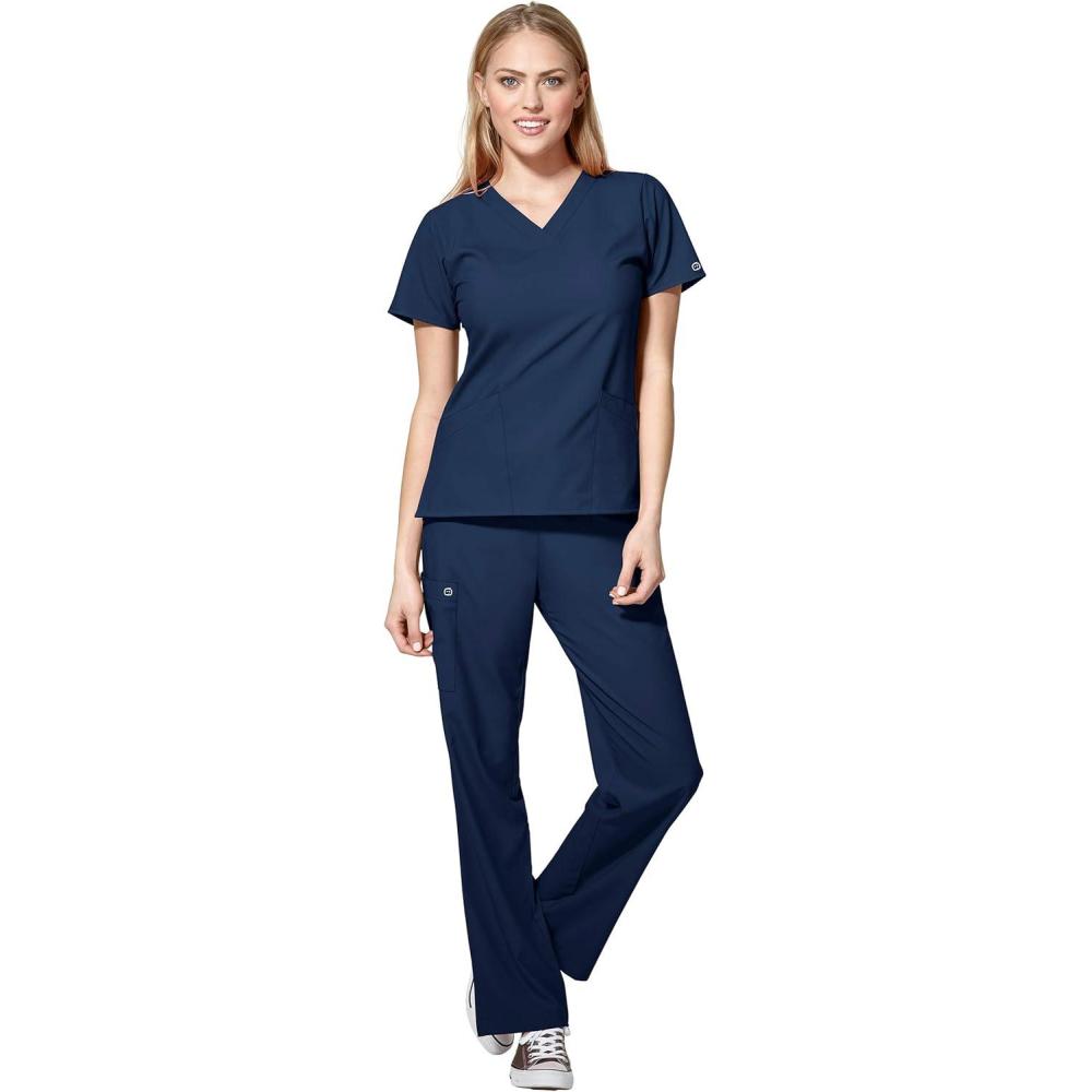 imageWonderWink W123 Womens Basic VNeck Top amp Drawstring Pant Scrub Set  Badge ReelNavy