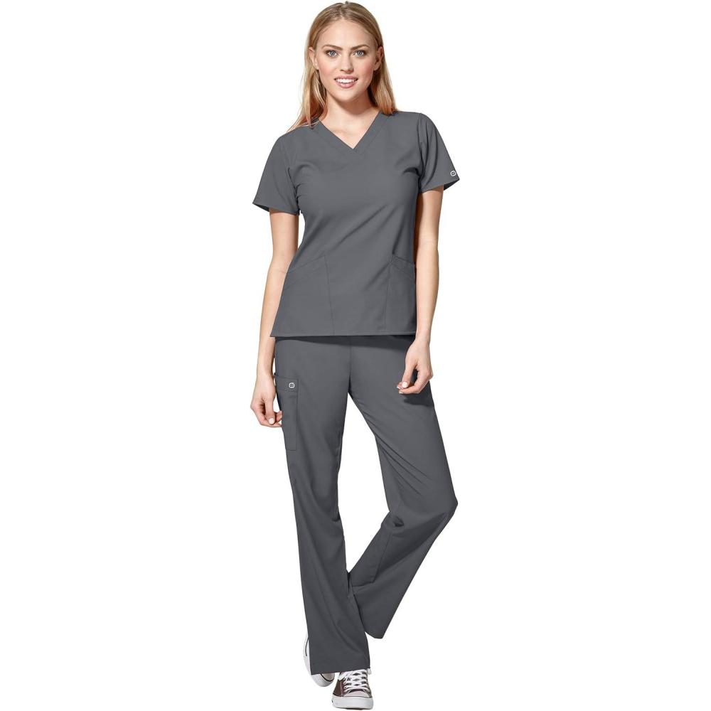 imageWonderWink W123 Womens Basic VNeck Top amp Drawstring Pant Scrub Set  Badge ReelPewter