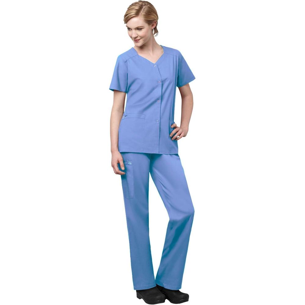 imageWonderWink WORK Womens Scrub Short Sleeve Snap Front Jacekt Top and Pants Badge ReelCeil Blue