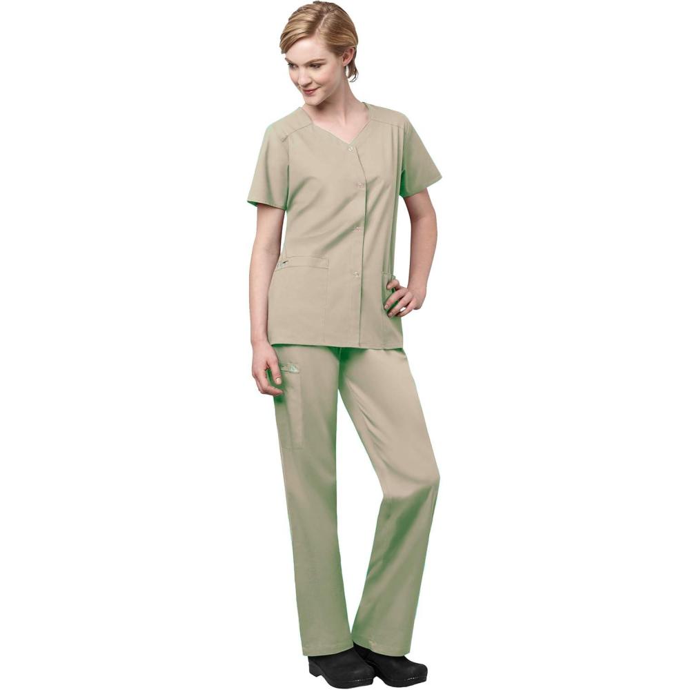 imageWonderWink WORK Womens Scrub Short Sleeve Snap Front Jacekt Top and Pants Badge ReelKhaki