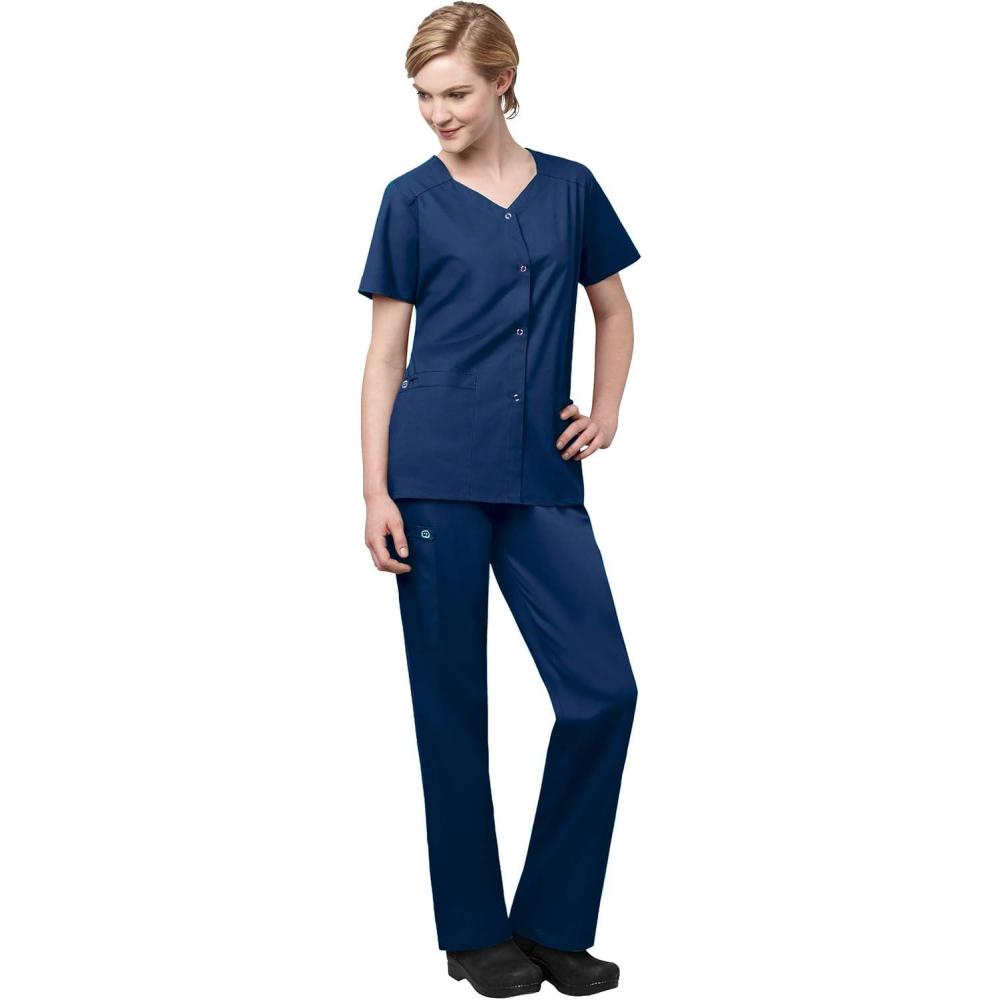 imageWonderWink WORK Womens Scrub Short Sleeve Snap Front Jacekt Top and Pants Badge ReelNavy