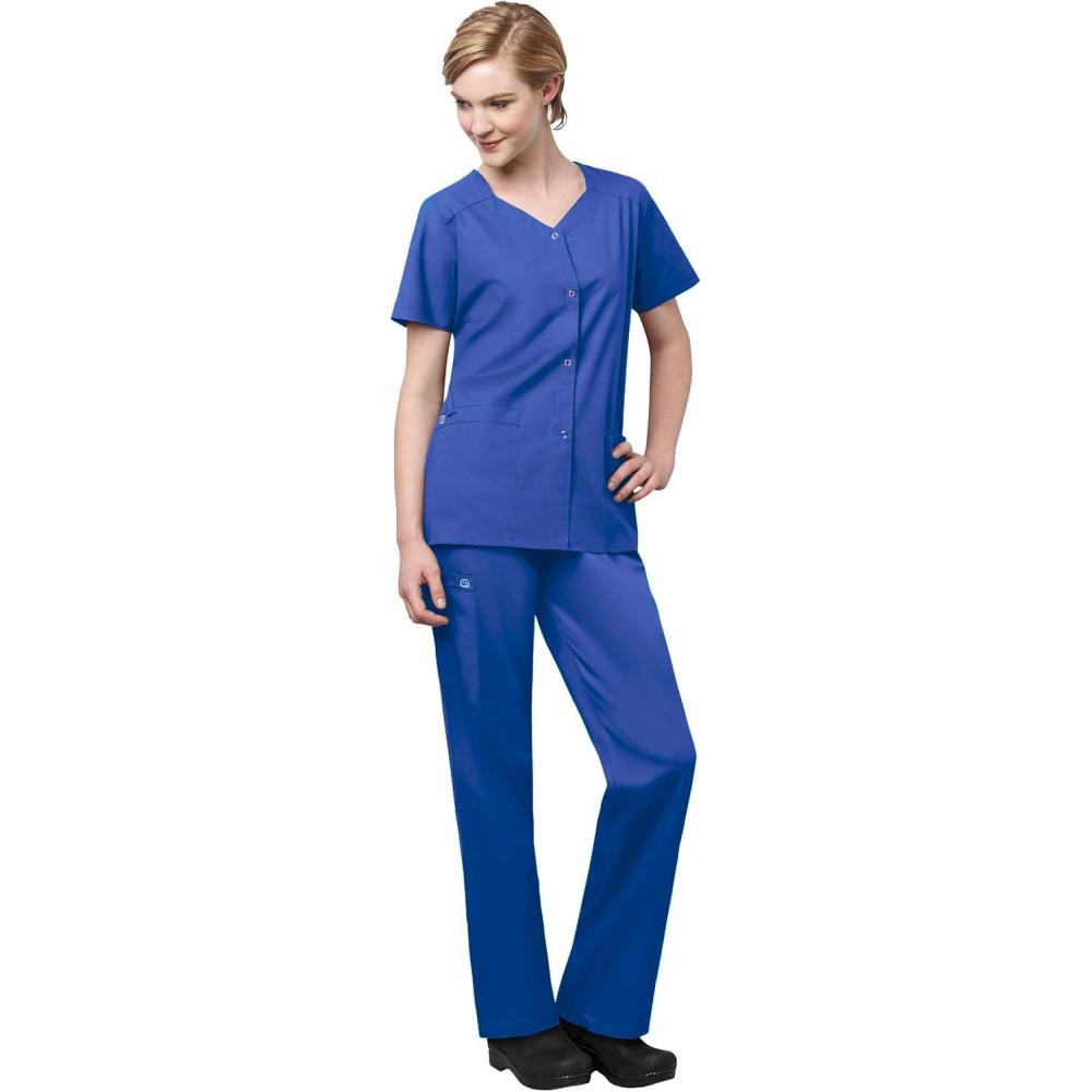 imageWonderWink WORK Womens Scrub Short Sleeve Snap Front Jacekt Top and Pants Badge ReelRoyal