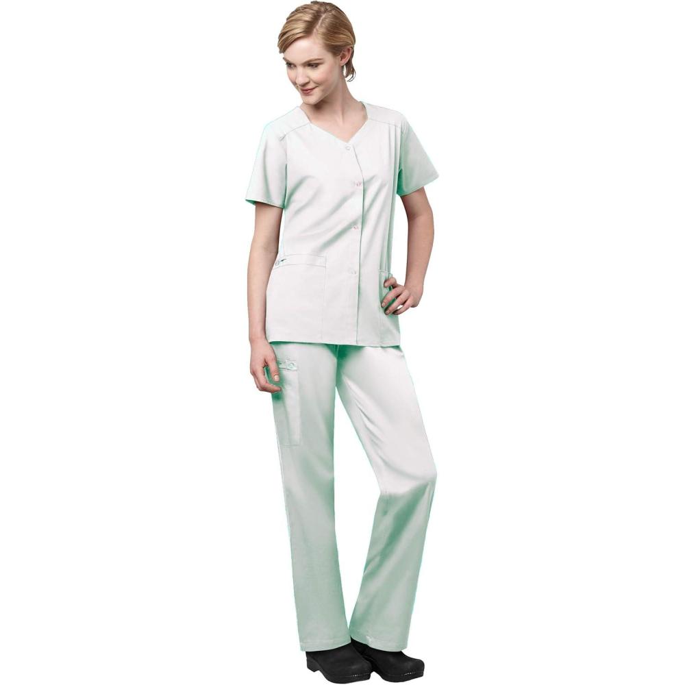 imageWonderWink WORK Womens Scrub Short Sleeve Snap Front Jacekt Top and Pants Badge ReelWhite