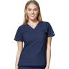 WonderWink W123 Women’s Basic V-Neck Top & Drawstring Pant Scrub Set + Badge Reel(Navy)