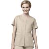 WonderWink WORK Women’s Scrub Short Sleeve Snap Front Jacekt Top and Pants + Badge Reel(Khaki)