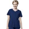WonderWink WORK Women’s Scrub Short Sleeve Snap Front Jacekt Top and Pants + Badge Reel(Navy)