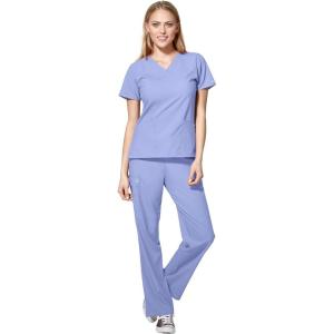 WonderWink W123 Women’s Basic V-Neck Top & Drawstring Pant Scrub Set + Badge Reel(Ceil Blue)