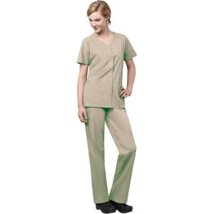 WonderWink WORK Women’s Scrub Short Sleeve Snap Front Jacekt Top and Pants + Badge Reel(Khaki)