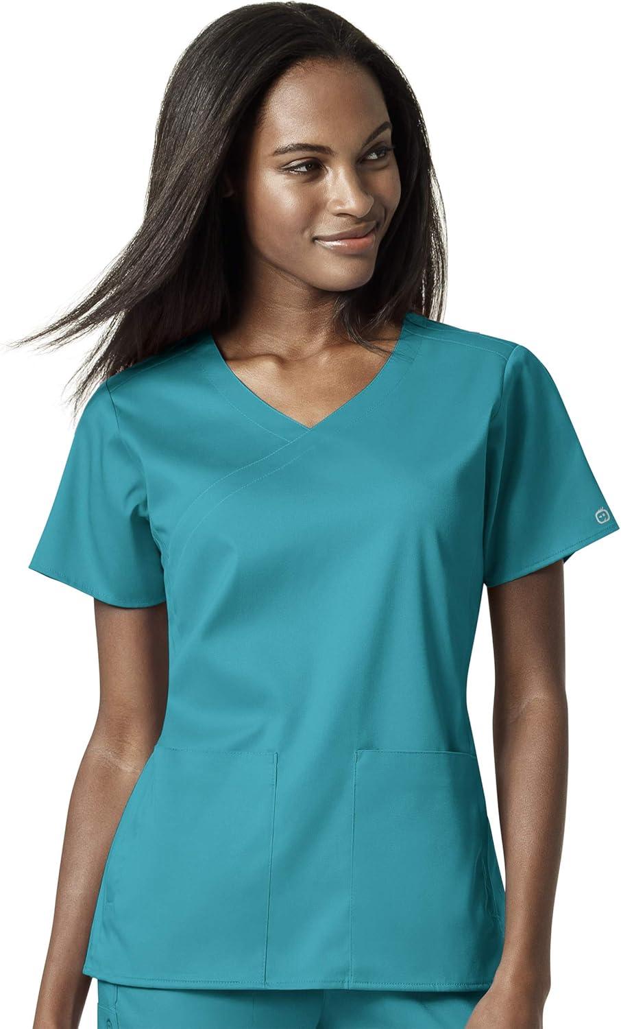 imageWonderWink PRO Womens 4 Pocket Wrap Top amp Knit Waist Cargo Pant Scrub Set Badge ReelTeal
