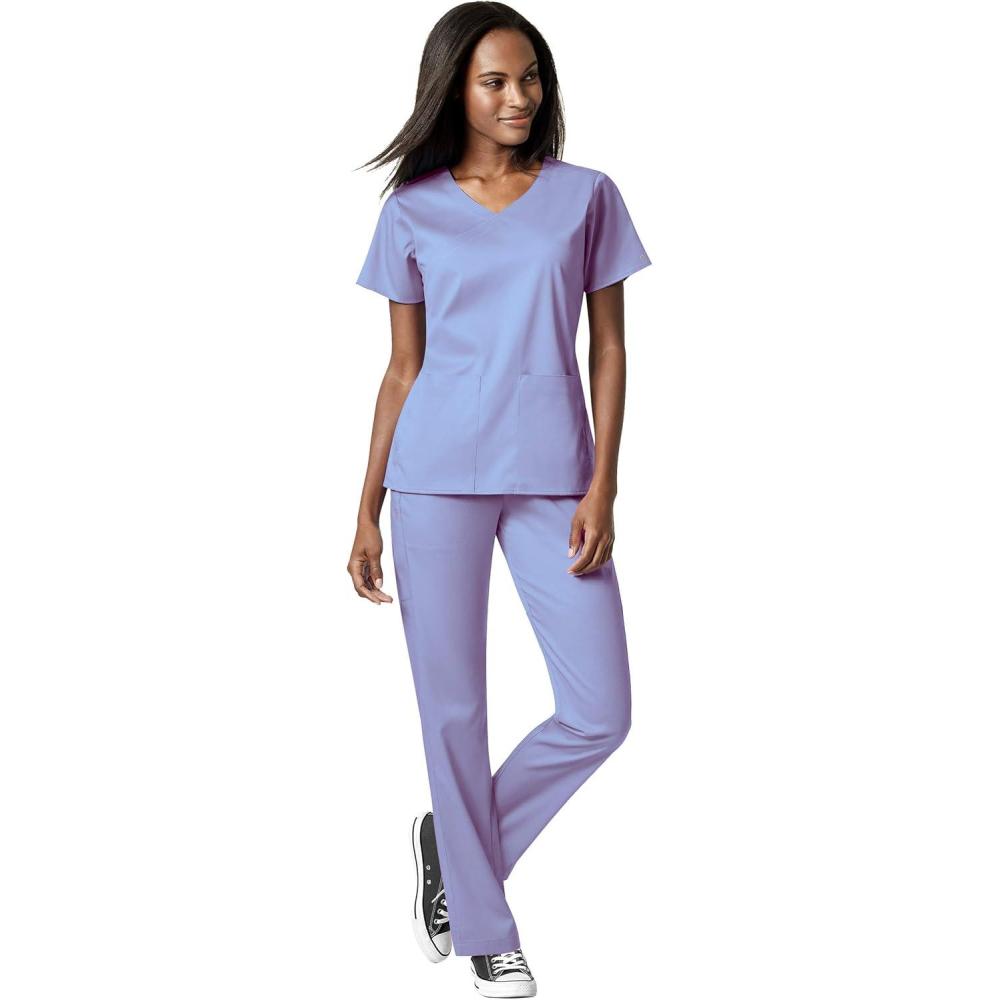 imageWonderWink PRO Womens 4 Pocket Wrap Top amp Knit Waist Cargo Pant Scrub Set Badge ReelCeil Blue