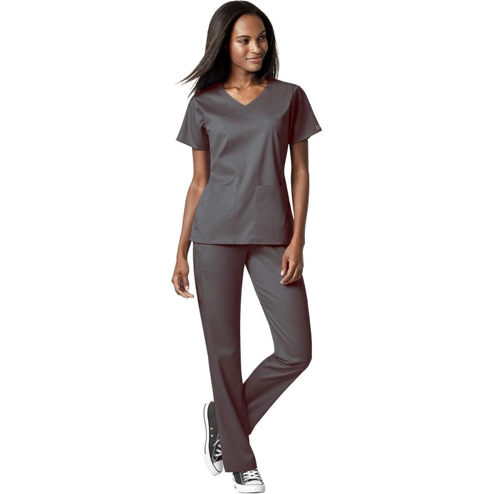 imageWonderWink PRO Womens 4 Pocket Wrap Top amp Knit Waist Cargo Pant Scrub Set Badge ReelPewter