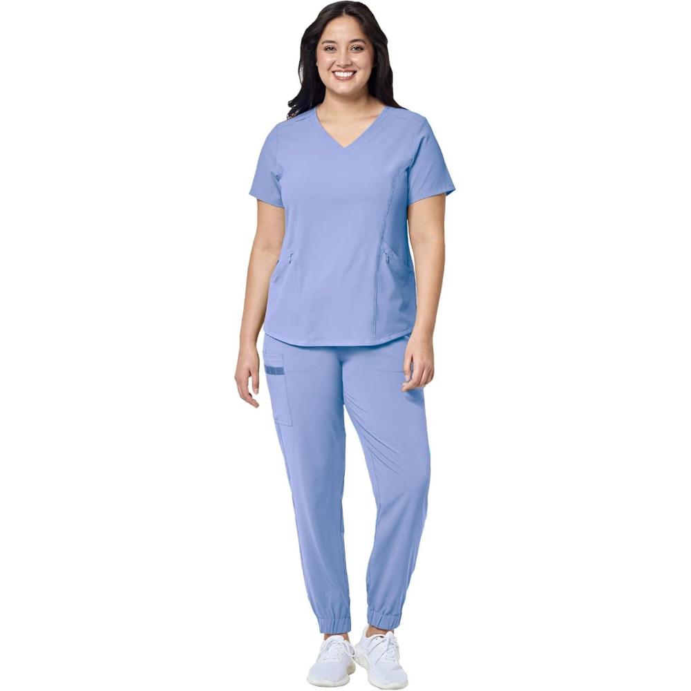 imageWonderWink RENEW Womens VNeck Top amp Womens Jogger Pant Scrub Set Badge ReelCeil Blue