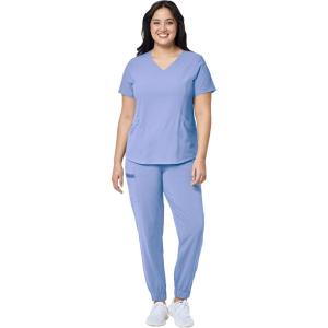 WonderWink RENEW Women’s V-Neck Top & Women’s Jogger Pant Scrub Set + Badge Reel(Ceil Blue)