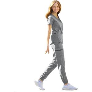 WonderWink RENEW Women’s V-Neck Top & Women’s Jogger Pant Scrub Set + Badge Reel(Grey Heather)