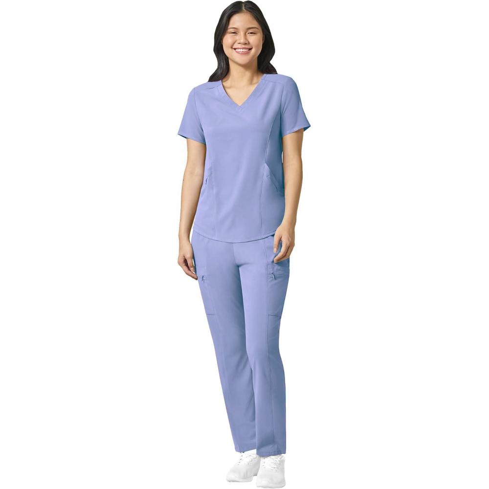 imageWonderWink RENEW Womens VNeck Top amp Womens High Waist Power Pant Scrub Set Badge ReelCeil Blue
