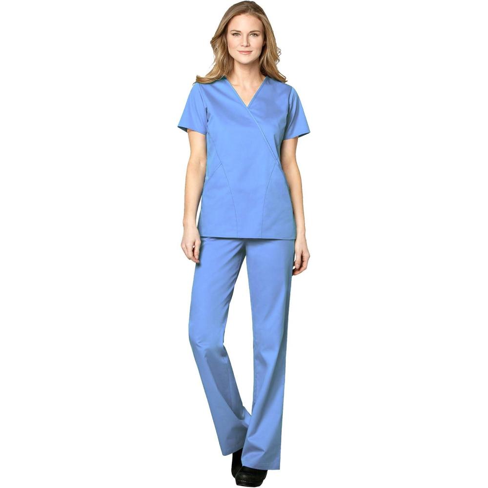 imageWonderWink WORK Womens Scrubs Mock Wrap VNeck Top amp Flare Leg Drawstring Pant Scrub Set XXS 5XLCeil Blue