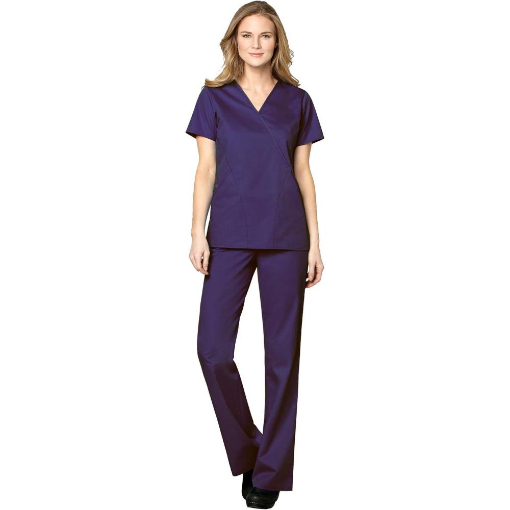 imageWonderWink WORK Womens Scrubs Mock Wrap VNeck Top amp Flare Leg Drawstring Pant Scrub Set XXS 5XLGrape