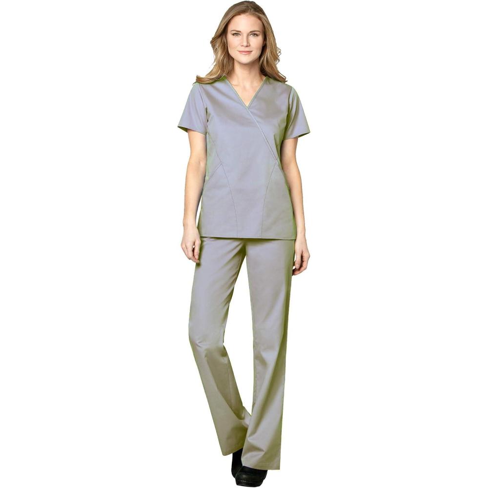 imageWonderWink WORK Womens Scrubs Mock Wrap VNeck Top amp Flare Leg Drawstring Pant Scrub Set XXS 5XLGrey