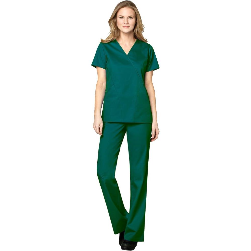 imageWonderWink WORK Womens Scrubs Mock Wrap VNeck Top amp Flare Leg Drawstring Pant Scrub Set XXS 5XLHunter