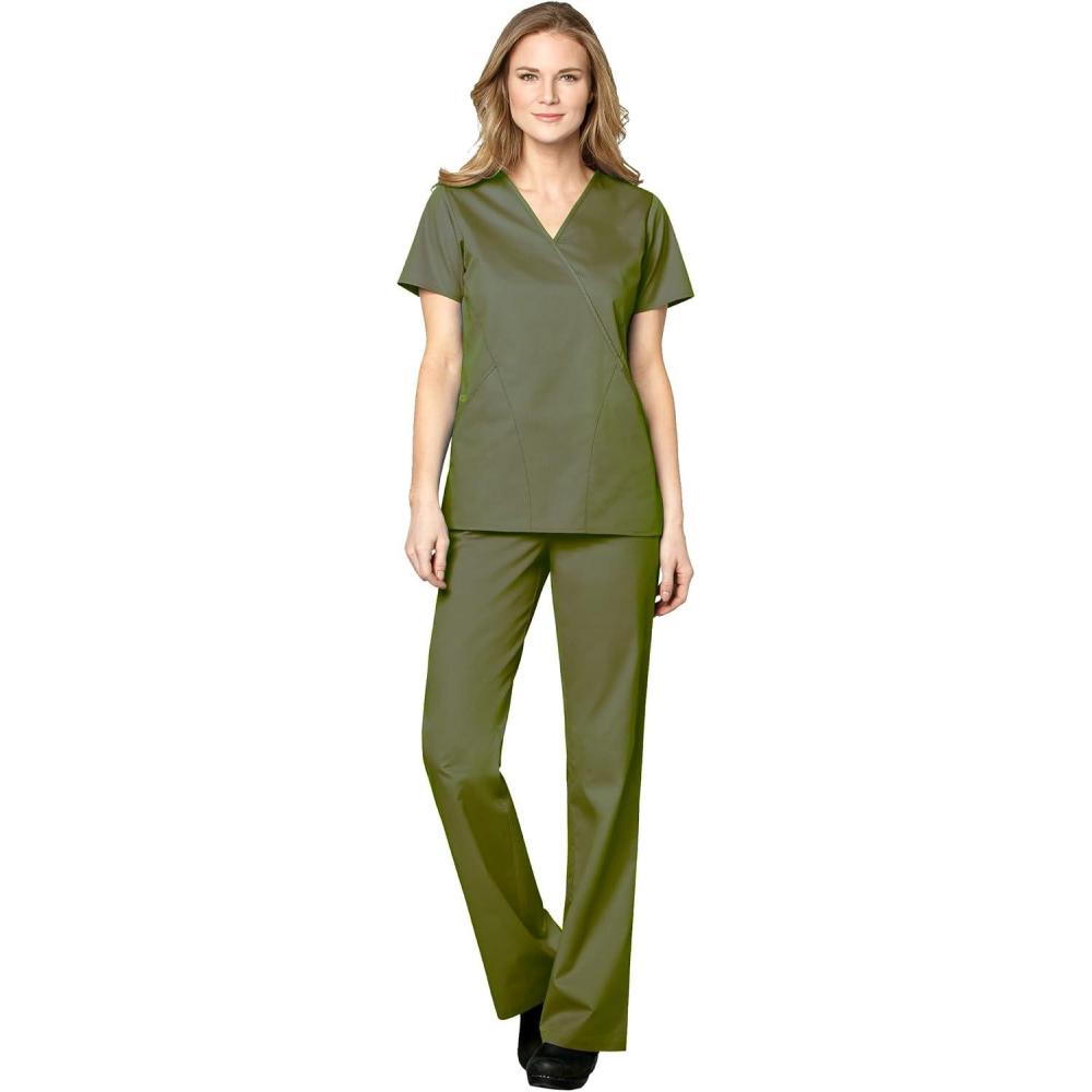 imageWonderWink WORK Womens Scrubs Mock Wrap VNeck Top amp Flare Leg Drawstring Pant Scrub Set XXS 5XLOlive