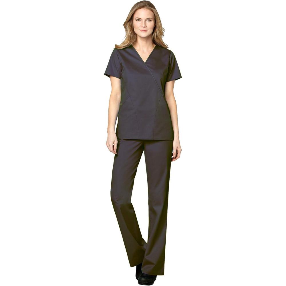 imageWonderWink WORK Womens Scrubs Mock Wrap VNeck Top amp Flare Leg Drawstring Pant Scrub Set XXS 5XLPewter