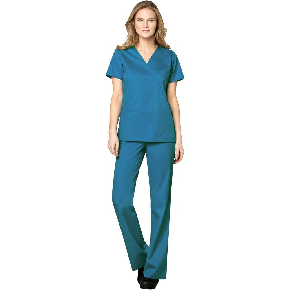 imageWonderWink WORK Womens Scrubs Mock Wrap VNeck Top amp Flare Leg Drawstring Pant Scrub Set XXS 5XLReal Teal