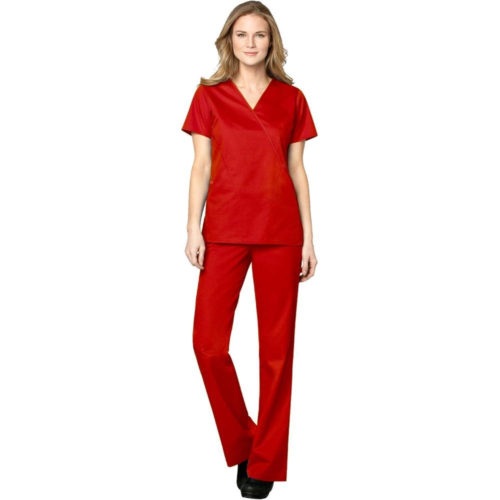 imageWonderWink WORK Womens Scrubs Mock Wrap VNeck Top amp Flare Leg Drawstring Pant Scrub Set XXS 5XLRed