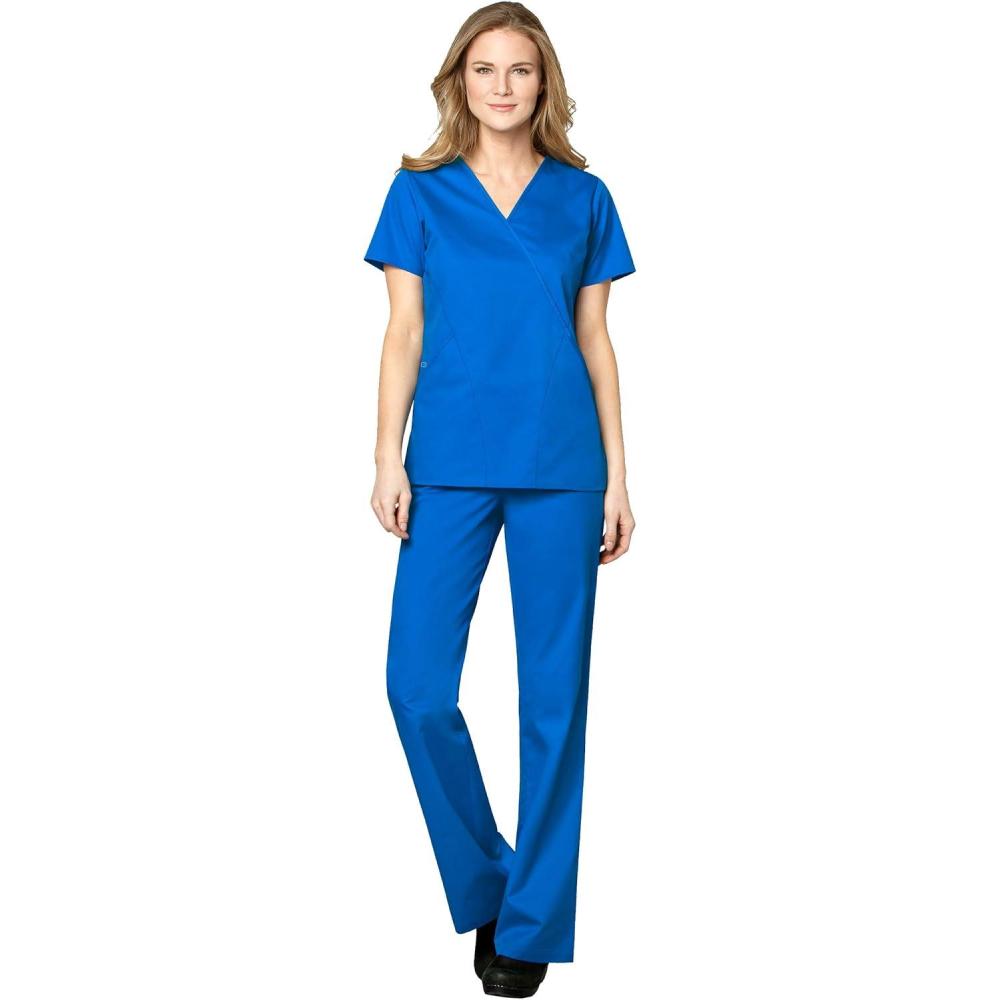 imageWonderWink WORK Womens Scrubs Mock Wrap VNeck Top amp Flare Leg Drawstring Pant Scrub Set XXS 5XLRoyal