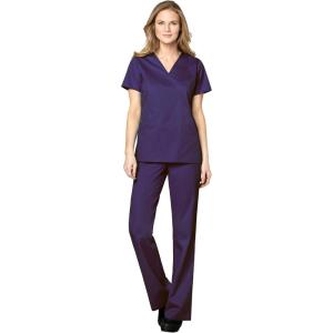 WonderWink WORK Women’s Scrubs Mock Wrap V-Neck Top & Flare Leg Drawstring Pant Scrub Set [XXS – 5XL](Grape)