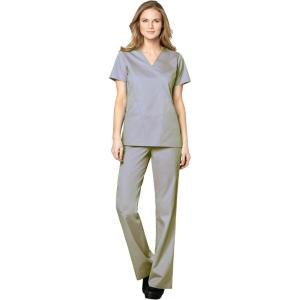 WonderWink WORK Women’s Scrubs Mock Wrap V-Neck Top & Flare Leg Drawstring Pant Scrub Set [XXS – 5XL](Grey)